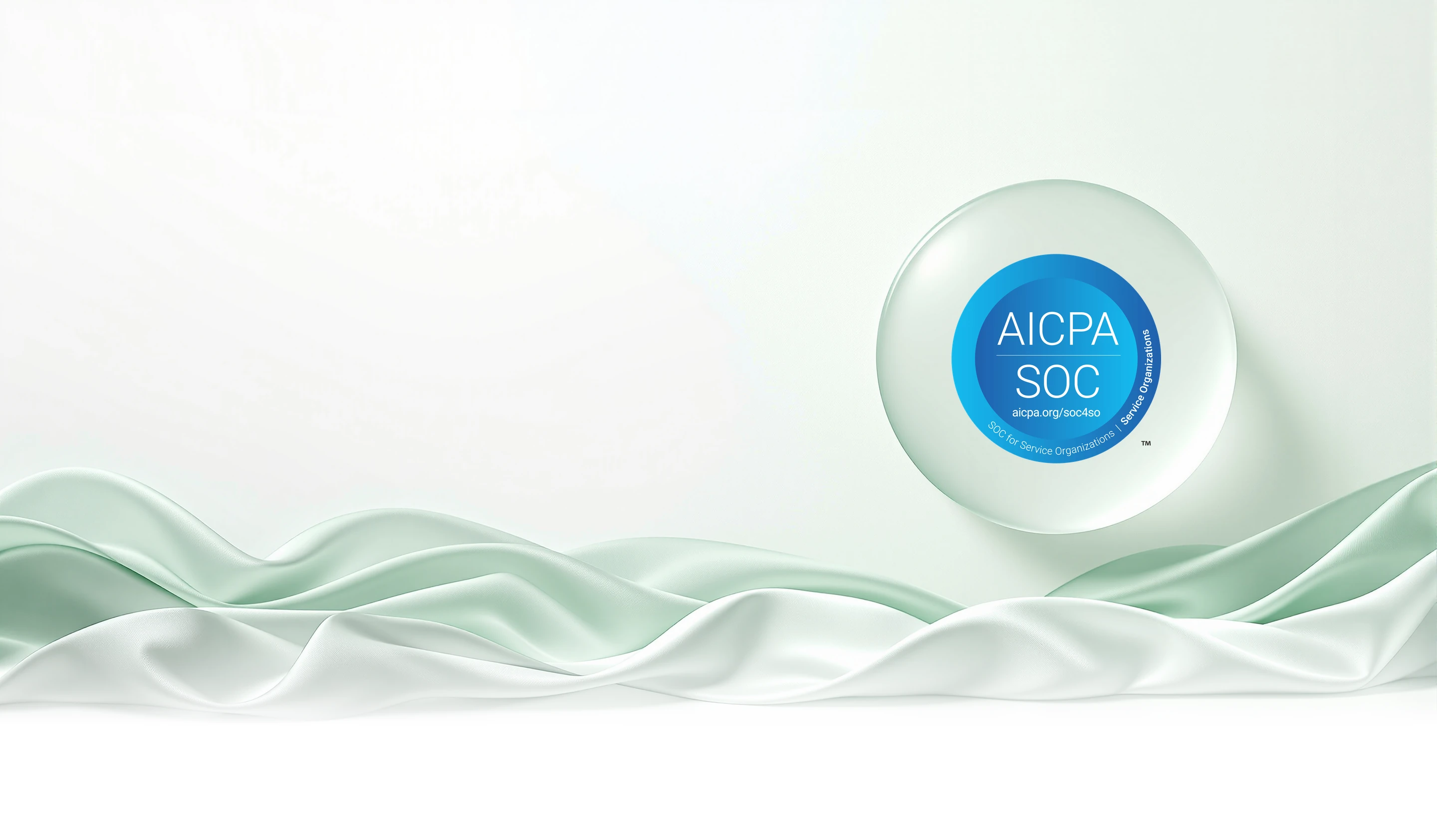 A pale mint scene: silk flowing under a large frosted glass medallion carrying the AICPA SOC seal.