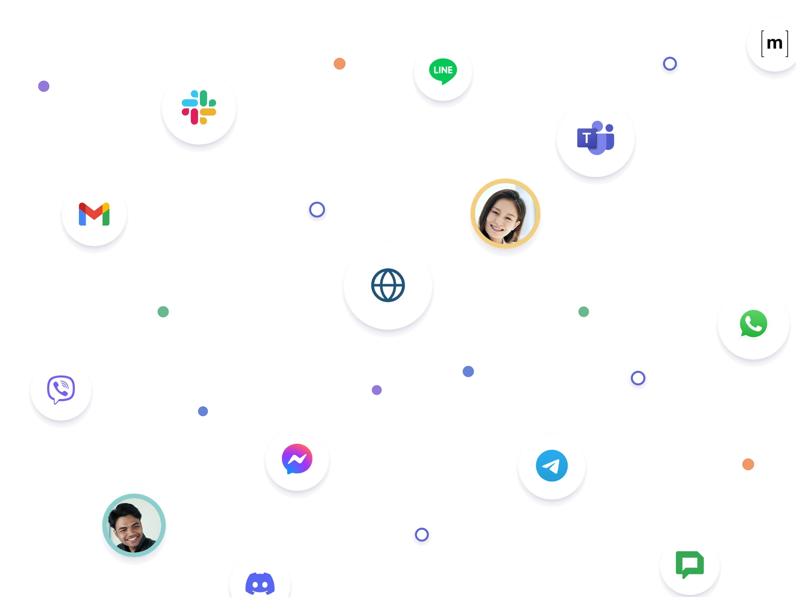 A scattered field of channel doors &mdash; website chat at centre; around it Slack, Teams, WhatsApp, Telegram, Messenger, Viber, LINE, Gmail, Google Chat, Discord and Matrix &mdash; with two colleagues among them.