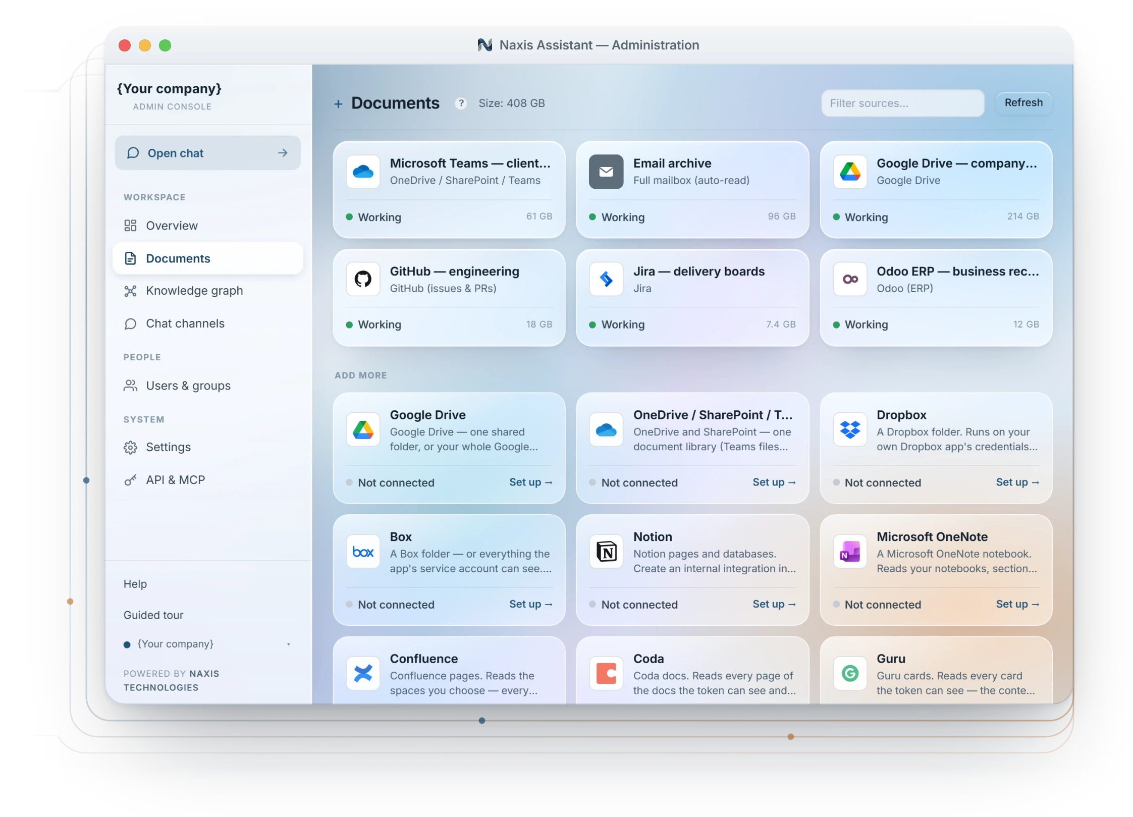 The Naxis admin console, Documents view: GitHub, Jira, Microsoft Teams, an email archive, Google Drive and Odoo ERP all connected and working, with the rest of the connector catalog below them.
