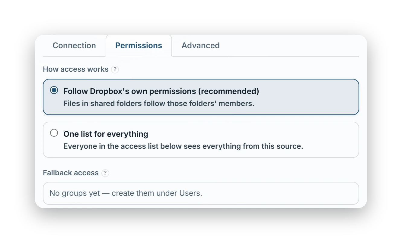 A source’s setup sheet on its Permissions tab: follow the provider’s own permissions, or one list for everything.