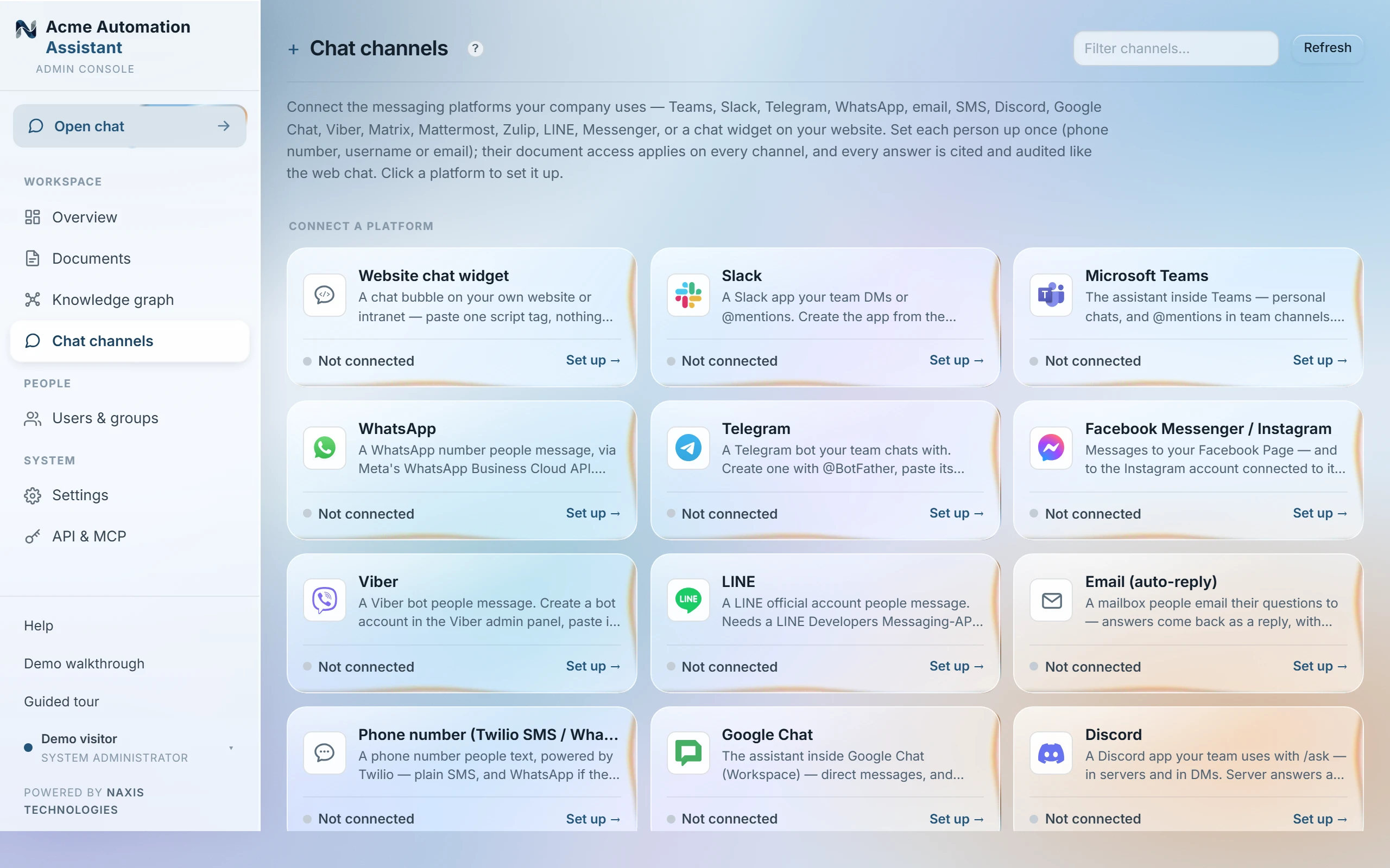 The Surfaces view with the catalog of platforms the assistant can join.
