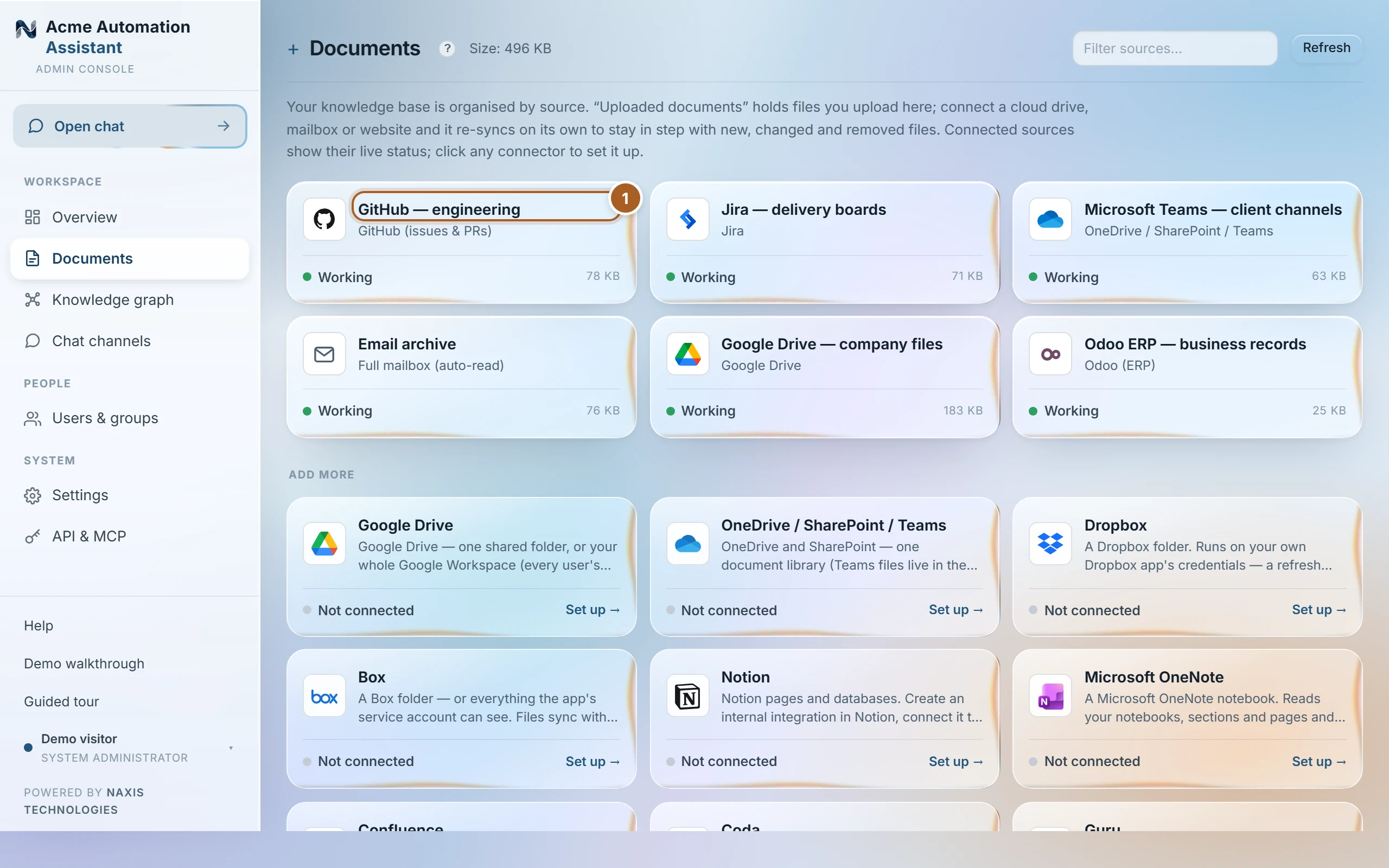 The Knowledge view: six connected sources with green Working badges and sizes, and the Add more catalog below.